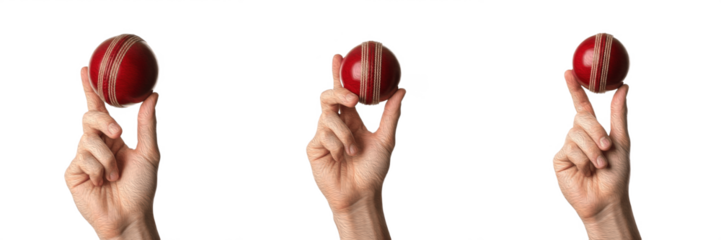 Set/Collection of human hand holding cricket ball, professional sports equipment for bowling practice, match play, athletic performance and outdoor cricket game concept isolated on transparent PNG bac