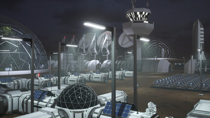 Dimly lit solar energy powered geodesic domes on Mars outpost using hydroponics to grow food. Lush greenhouses on dark planet at night creating artificial ecosystem enabling human life © DC Studio