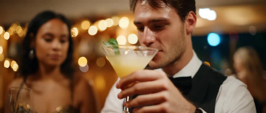A smiling man admires his drink while surrounded by a vibrant party atmosphere.