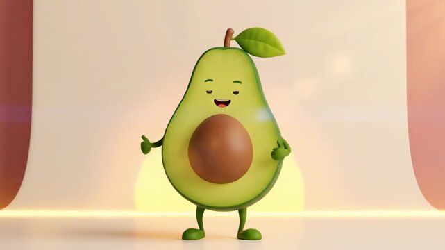 dancing avocado. A cheerful cartoon avocado character stands with arms raised, smiling widely against a soft, gradient backdrop, embodying a fun and playful vibe
