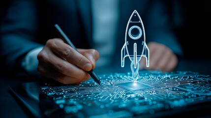 Person in suit works with futuristic rocket design on digital tablet. Man sketches project using stylus pen on bright circuit board interface. Tech startup concept development