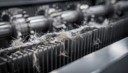 Closeup of cloth fibers caught between focused fixed ribs with rotating saw cylinders blurred portraying intricate lint removal in textile manufacturing.