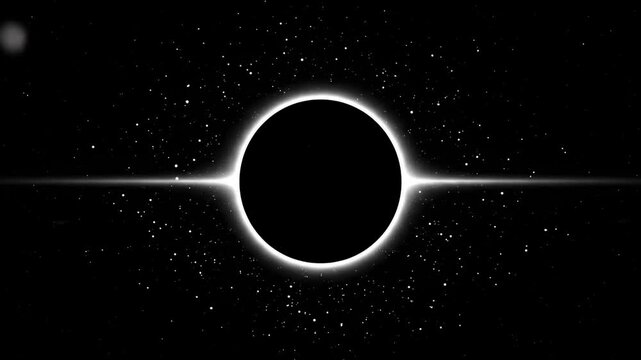 Mysterious black hole or total solar eclipse with a bright white glowing corona and horizontal light ray in a starry dark universe.