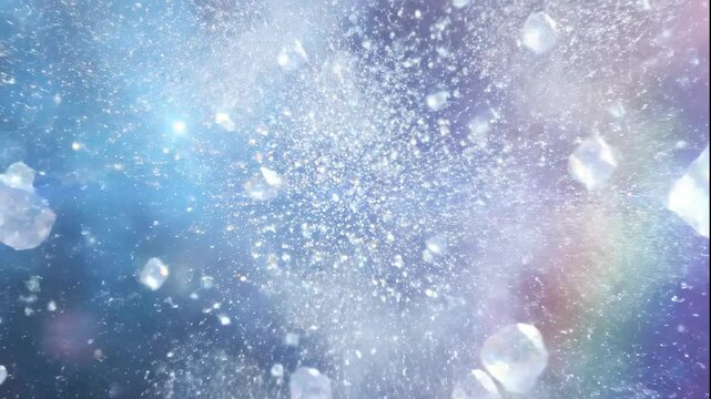 Magical floating gems crystals and shimmering particles in an ethereal blue and purple cosmic background with a bright light flare and soft bokeh.