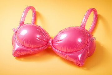 Bright pink inflatable bra placed on a vibrant orange background. Conceptual image with a playful and humorous tone, symbolizing summer fashion, beach accessories, quirky design