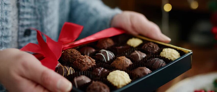 A beautifully arranged box of assorted chocolates in hand.