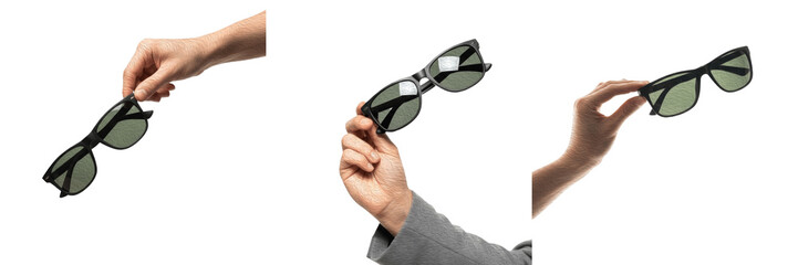 Set/Collection of human hand holding eyeglasses, vision correction and fashion accessory for reading, eyesight care, intelligence and modern lifestyle concept isolated on transparent PNG background