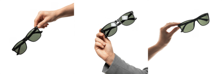 Set/Collection of human hand holding eyeglasses, vision correction and fashion accessory for reading, eyesight care, intelligence and modern lifestyle concept isolated on transparent PNG background