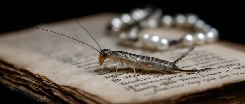 A silverfish insect crawls on a vintage book page, intriguing.