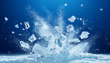 Exploding Ice Fragments On Blue Background With Cold Snowy Effect