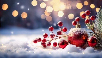 Winter Decorations With Red Berries And Christmas Ornaments In Snow And Bokeh Lights For Festive Mood