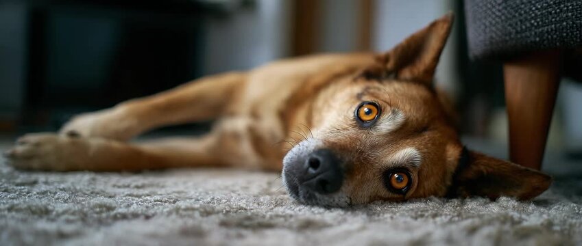 A serene dog resting on a soft, cozy rug indoors.