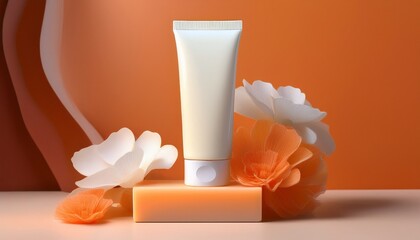 A Tube Of Cream Stands On Two Pieces Of Soap The Background Features Light Orange And White Colors With Flowers