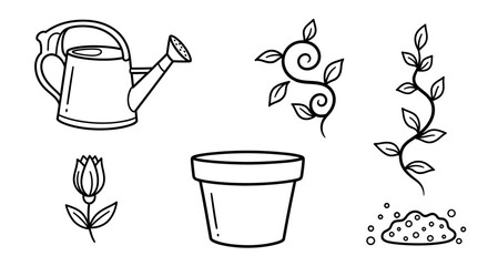 Hand drawn collection of gardening elements and plants. © Dika