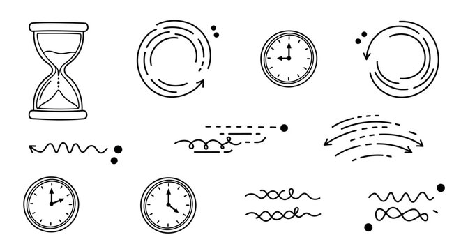 Hand drawn collection of time and movement doodle icons set.
