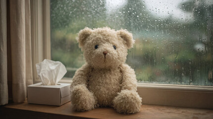 Teddy bear sits on a wooden windowsill beside a tissue box, gazing out at the rain streaked window, evoking feelings of sadness, loneliness, and melancholy during a gloomy day