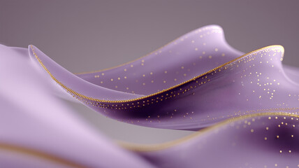 落ち着いた中間色の空間で、ライラックと金のサテン波が揺れる