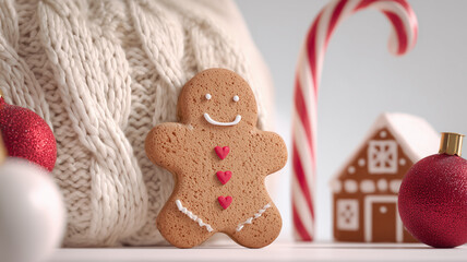 白木のテーブルに並ぶ赤白の飾りとジンジャーブレッドの冬素材、人物なし