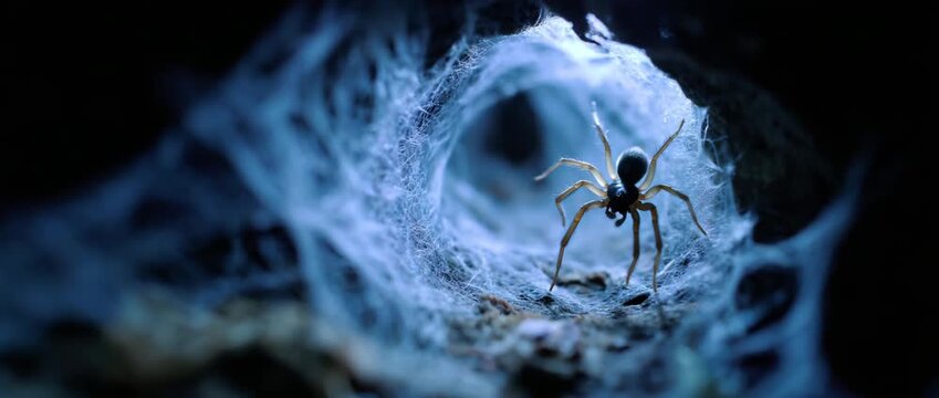 A spider navigates its webbed tunnel, showcasing nature's intricacy.