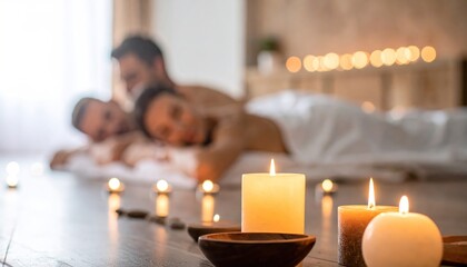 Romantic couple enjoying a relaxing spa massage in a tranquil room with warm ambient light from lit candles and aromatherapy bowls on the floor.
