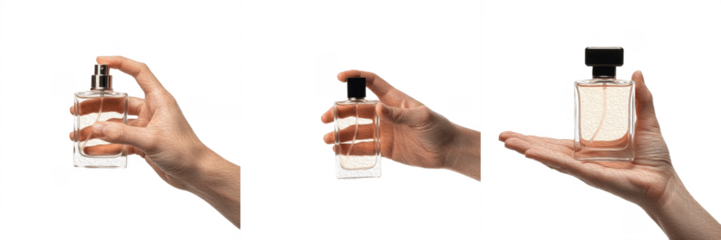 Set/Collection of human hand holding perfume bottle, luxury fragrance product for beauty, fashion, elegance and personal scent branding concept isolated on transparent PNG background