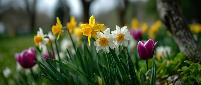 A beautiful collection of colorful spring flowers blooming delightfully in sunlight.