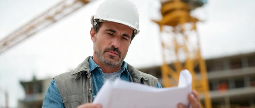 A construction worker carefully studying blueprints on a work site for ongoing project.