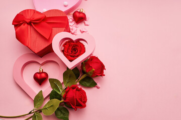Hearts, gift box, and red roses for valentine's day