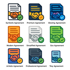 Colorful agreement icons set with handshake and document themes