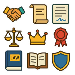 Legal icons set featuring scales, handshake, crown, law book, and shield