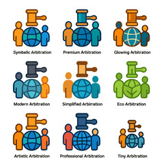 Arbitration icons set representing various styles and concepts