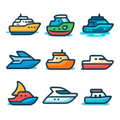 Colorful cartoon boat icons in a variety of styles and designs