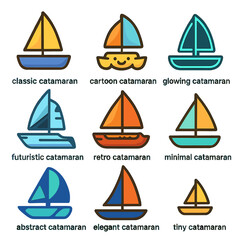 Diverse catamaran illustrations showcasing styles and vibrant colors