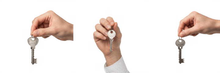 Set/Collection of human hand holding key, security access symbol for home, office and property ownership, unlocking safety, real estate and protection concept isolated on transparent PNG background