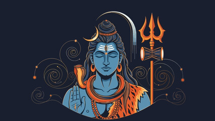 Illustration of a deity figure with symbolic objects and ornaments in a mystical environment from a frontal viewpoint