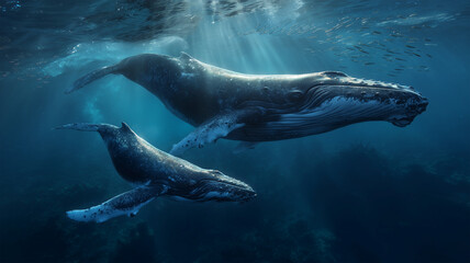 Obraz premium 外洋で泳ぐ親子のザトウクジラの穏やかな水中風景