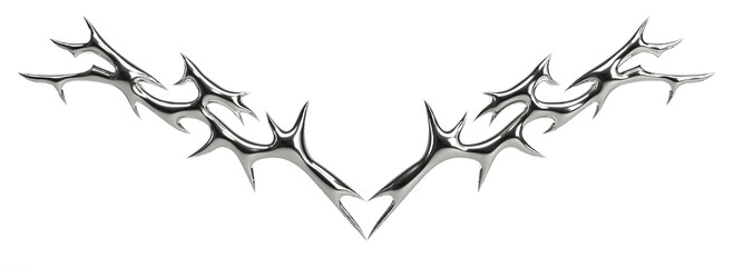 3D metallic tribal emblem on white background featuring sharp mirrored curves and futuristic symmetry. Clean chrome design ideal for Y2K streetwear graphics, digital tattoos, logos and modern fashion 