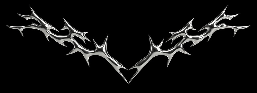 3D chrome tribal graphic on black background with aggressive spikes and fluid curves. Dark futuristic metal style inspired by Y2K cyber aesthetics for streetwear prints, tattoos and tech visuals