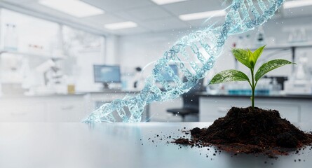 Modern biotechnology laboratory with DNA helix and green sprout, genetic research and sustainable growth concept, future medicine innovation banner with copy space
