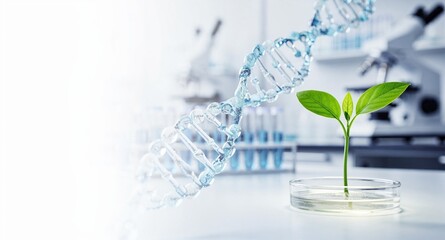 Biotechnology science banner with DNA helix and germinating plant, genetic research, sustainable development, medical innovation and future discovery background