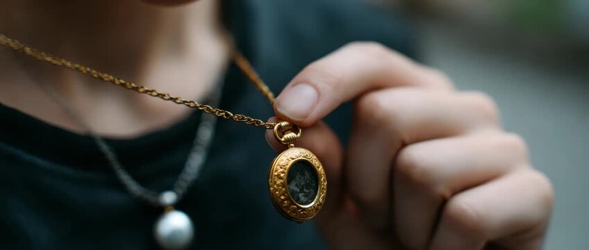 A delicate gold locket held closely, showcasing fine craftsmanship.