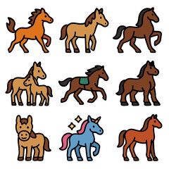 Fototapeta premium Cute cartoon horses and unicorns in various colors and poses