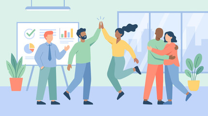 Diverse colleagues celebrating business success in modern office