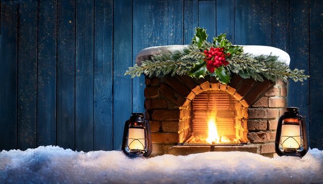 Rustic Chimney Corner With Holly Garland Beside Glowing Lantern Snowy Hearth