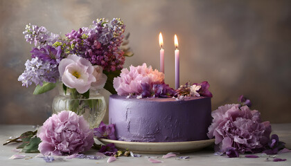 Delicious purple birthday cake with lit candles and flowers celebrating a special occasion