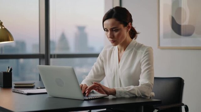 Young woman working on laptop at desk with city view in evening  