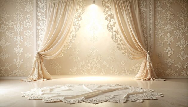 Empty Cream Colored Room with Ornate Wallpaper and Curtains