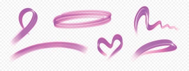 Pink pen and marker line strokes. Set of isolated highlighter and brush strokes on transparent background. Hand-drawn ovals, underlines, and scribbles