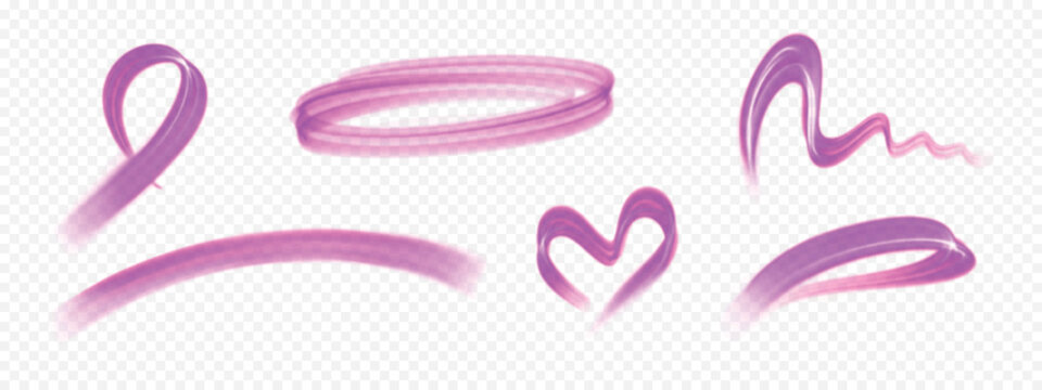 Pink pen and marker line strokes. Set of isolated highlighter and brush strokes on transparent background. Hand-drawn ovals, underlines, and scribbles