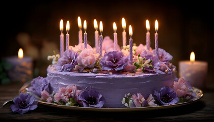 Delicious purple birthday cake with lit candles and flowers celebrating a special occasion
